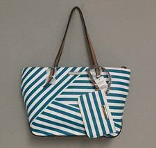 Nine West Cruise It Girl Green Stripe Faux Leather  Tote/clutch & Wallet Set Nwt