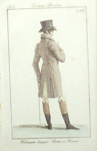 Gravure de mode Costume Parisien 1806 n° 768 Redingote bottes à revers - Photo 1/1