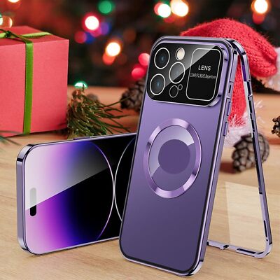  For iPhone 14 15 16 Pro Max 12 13 Double-Sided Glass Magnetic Lens Hard Case