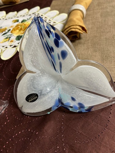 MURANO 2 LARGE FLOWERS BLUE/WHITE/CLEAR 6 1/2 INCHES TALL - Picture 2 of 10
