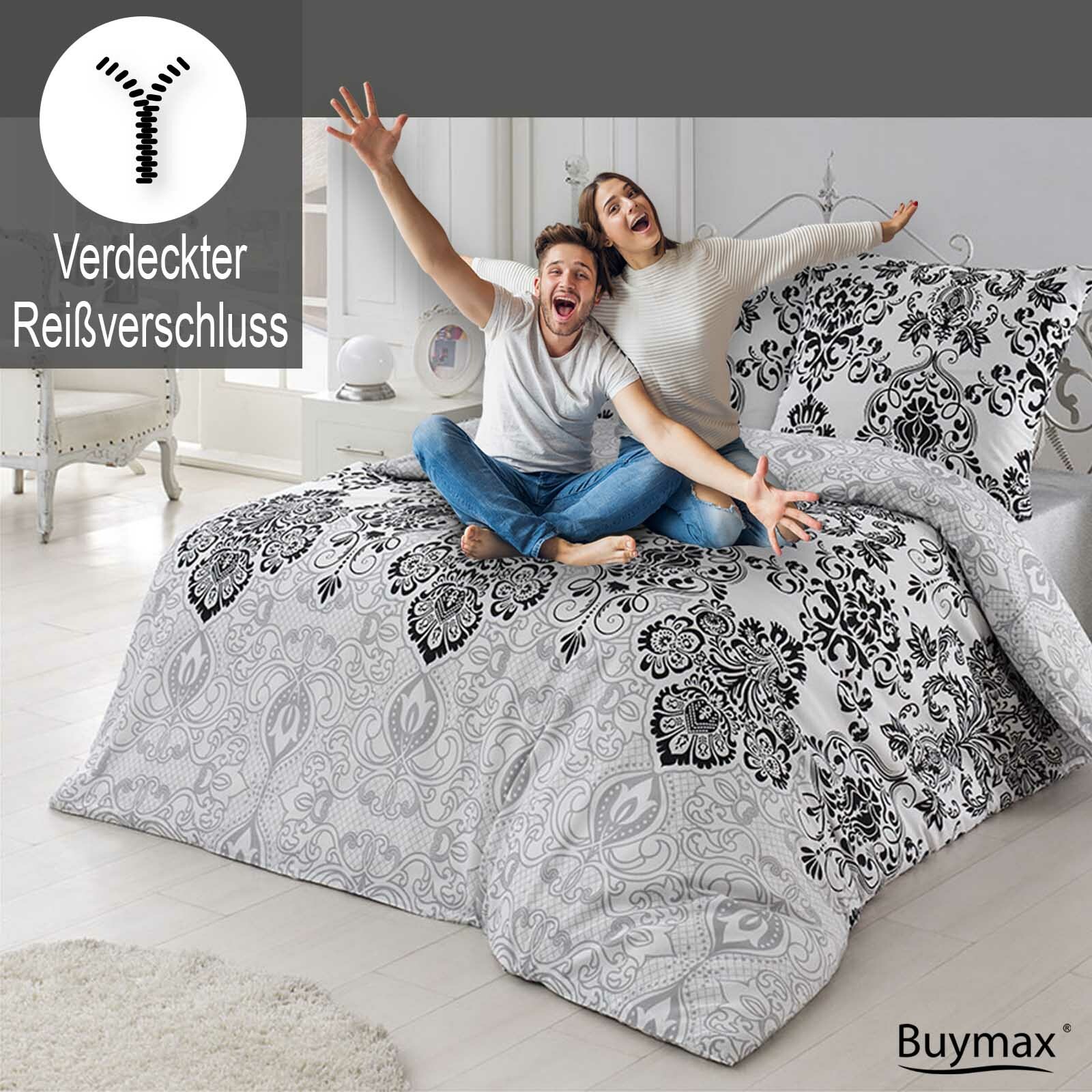 Bettwäsche 155x220 Baumwolle 4 tlg. Renforce Weiß Schwarz Mandala Reißverschluss