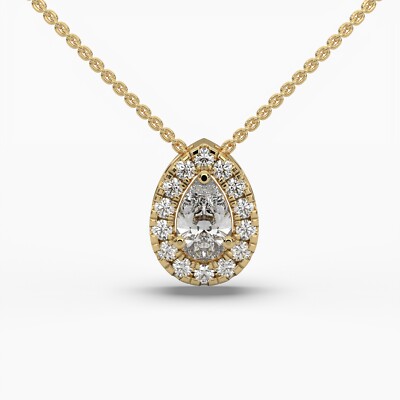 0,6 kt Birne Lab gezüchtet Diamant Heiligenschein Anhänger | 16 Zoll Halskette | Massiv 14k Gold