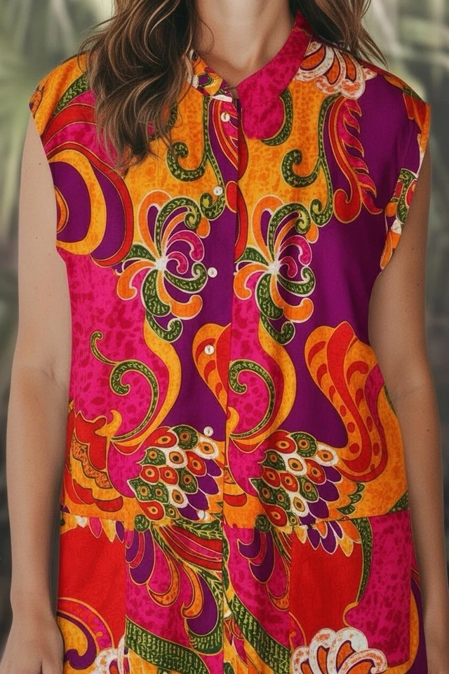 Top vintage años 70 Sun Fashions Hawaii’i grande sin mangas colores llamativos Foto 3 de 4