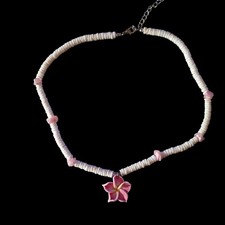 Hawaiian Artisan Puka Shell Statement Choker Beach Ocean Necklace Pink Flower