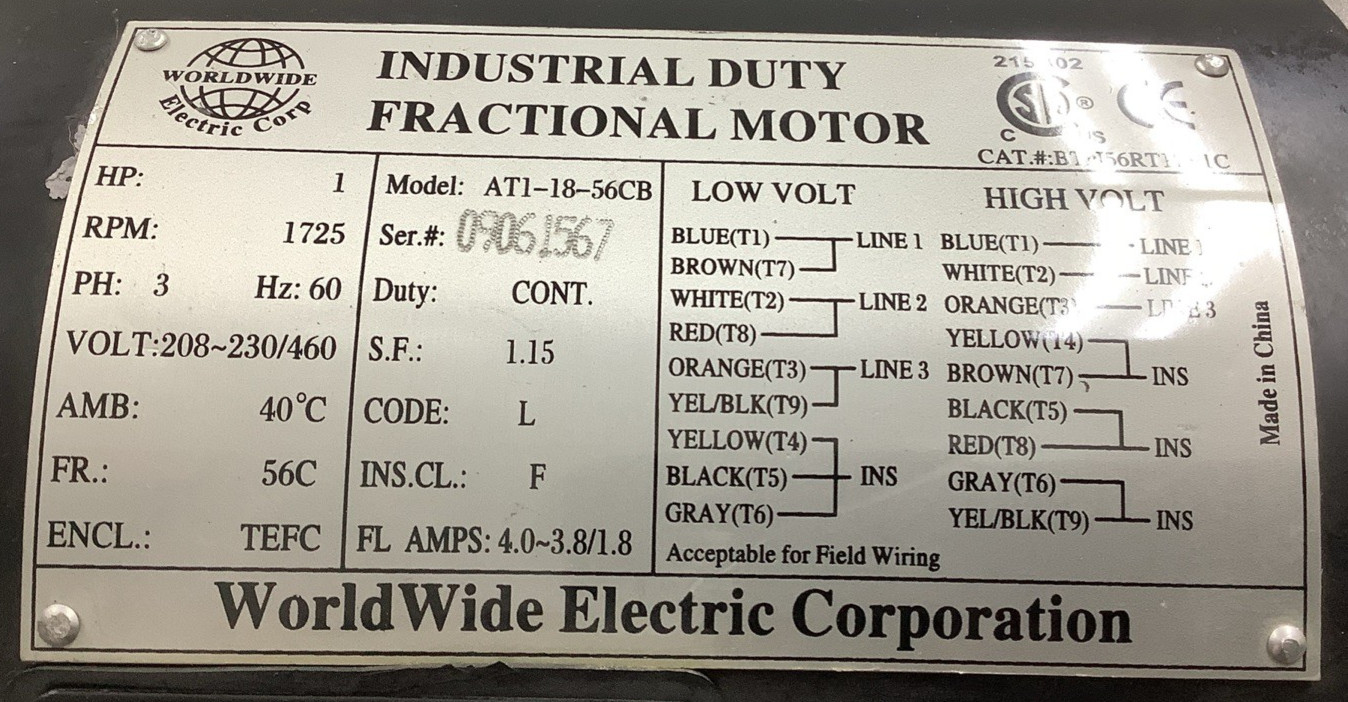 WorldWide Electric AT1-18-56CB Industrial Duty Fractional Motor 1HP 3-Ph AC (R89