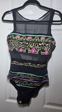 Catalina Vintage One Piece Swimsuit Black Mesh Floral Size 12 Made in USA