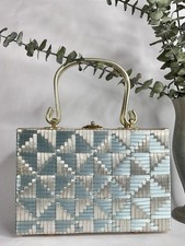 1960s Woven Blue  Neutral Vinyl Handbag, Vintage 60s Purse, Rockabilly Retro
