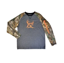 Bushmaster Shirt Men's Gray Orange Camo Logo Sleeves Hunting Realtree Xtra READ