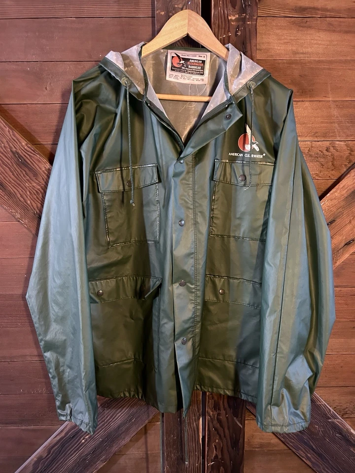 Chaqueta de lluvia vintage americana Clearwater impermeable verde abrigo con capucha Foto 2 de 4