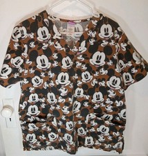 Disney Mickey Mouse Scrub Top Size Large Allover Print Brown Double Pockets