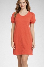 Nine West Dress Women M Coral Orange Puff Sleeve Shift Knit Casual Stretch New