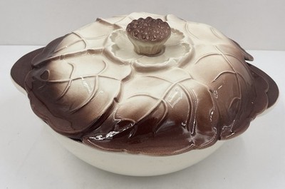 Valley Vista California Pottery Brown Cabbage Leaf Casserole Server Dish W/Lid