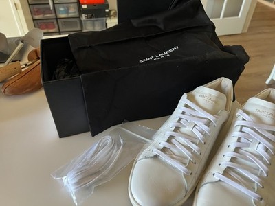 YSL Saint Laurent SL/01 Low Top Sneakers Shoes White Leather Logo Men's 45 1/2