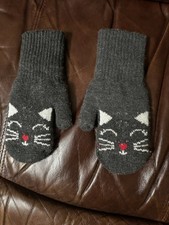 Girls' Gray White Red Cat Face Knit Mittens Animal Print Cat Animals Theme
