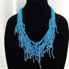 Turquoise Multi Strand Seed Bead Statement Necklace with Silver Accent Bold