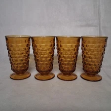 Indiana Glass Colony Whitehall Iced Tea Glasses 4 Goblets Amber Cubed 6"