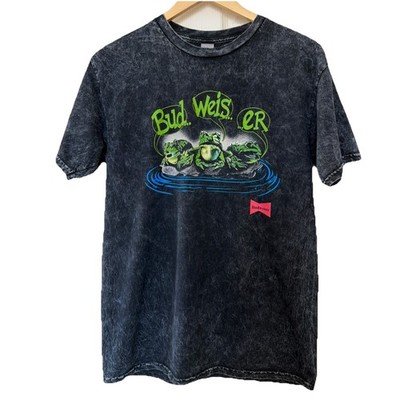 Budweiser Frog Graphic T-Shirt Mens Med Black Acid Wash Retro Beer Tee Y2K Style