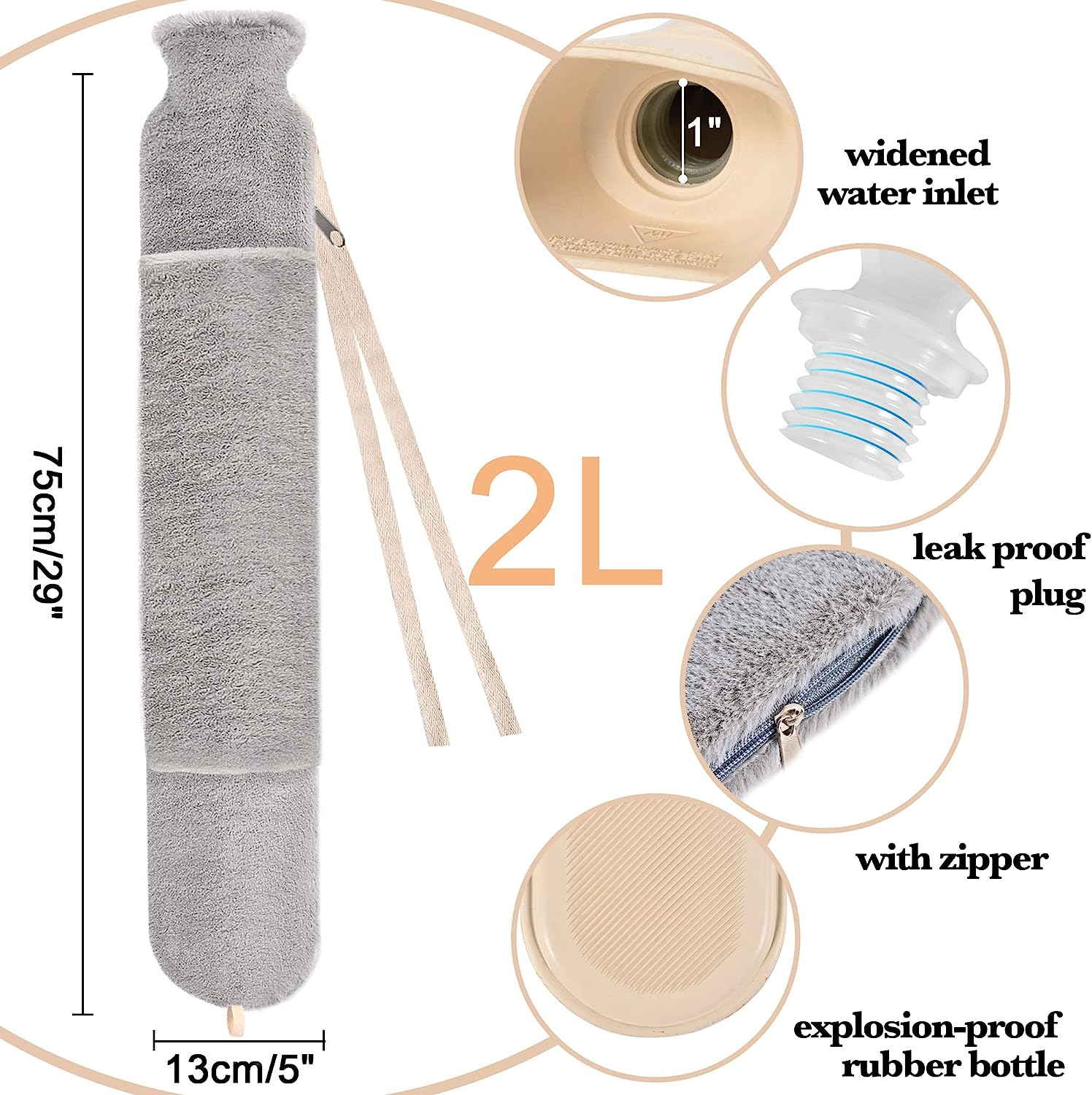 Long Hot Water Bottle with Hand Pocket Cover, 2L Large Rubber Hot Water