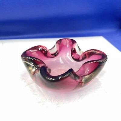 Schmuck Schlüssel Schale Aschenbecher STUDIO GLAS Vintage rot lila 4 Blatt Kleeblattform