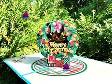 3D Pop Up Greeting Card Merry Christmas Holidays Wreath Flowers Floral Gift