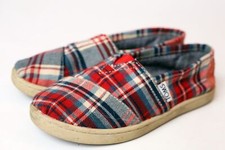 Classic TOMS Girl's Youth size 1.5 Red White Blue Plaid Canvas Slip On Shoes