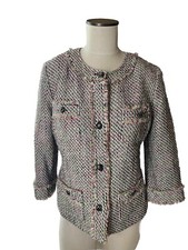 Talbots Pink Green Black Tweed Eyelash Trim Lined Blazer Jacket Size 10