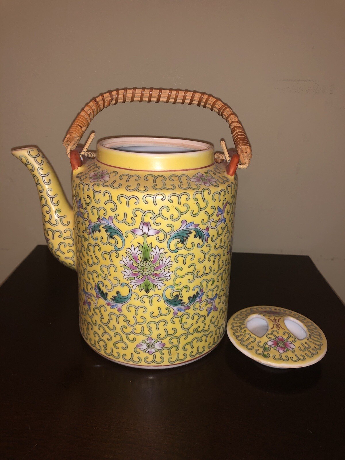 Antique Mun Shou Wan Yellow Longevity Teapot Large Double Rattan Handle