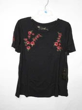 NWT DG2 DIANE GILMAN BLACK FLORAL EMBROIDERED SHORT SLEEVE TEE TOP SZ S #B305