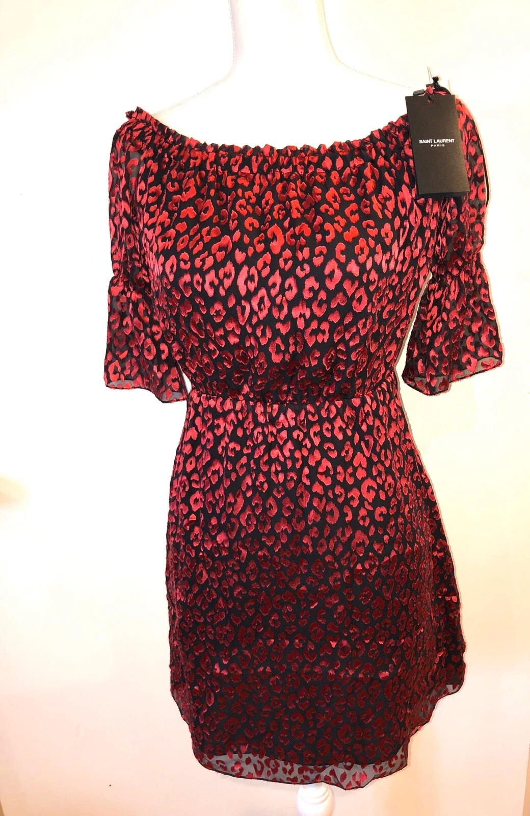 SAINT LAURENT (YSL) Mini abito Saint Laurent rosso nero papavero floreale seta manica 3 4 taglia F 36. Nuovo con etichetta