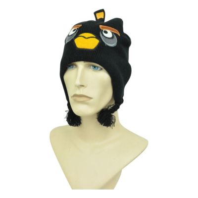 Angry Birds Bomb Black Peruvian Pom Pom Ear Flap Video Game Knit Beanie Skully 