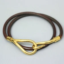HERMES JUMBO Double Bracelet Bangle Brown Leather Gold color hardware