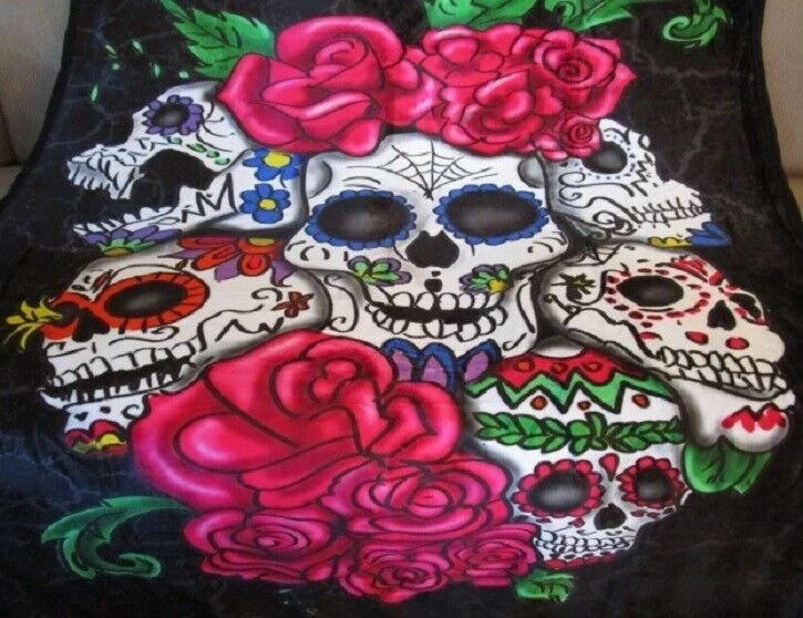 全新 Six Skulls & Roses 毛绒扔礼物毯 Sherpa Ardras Day of the Dead — 第 3/4 张图片