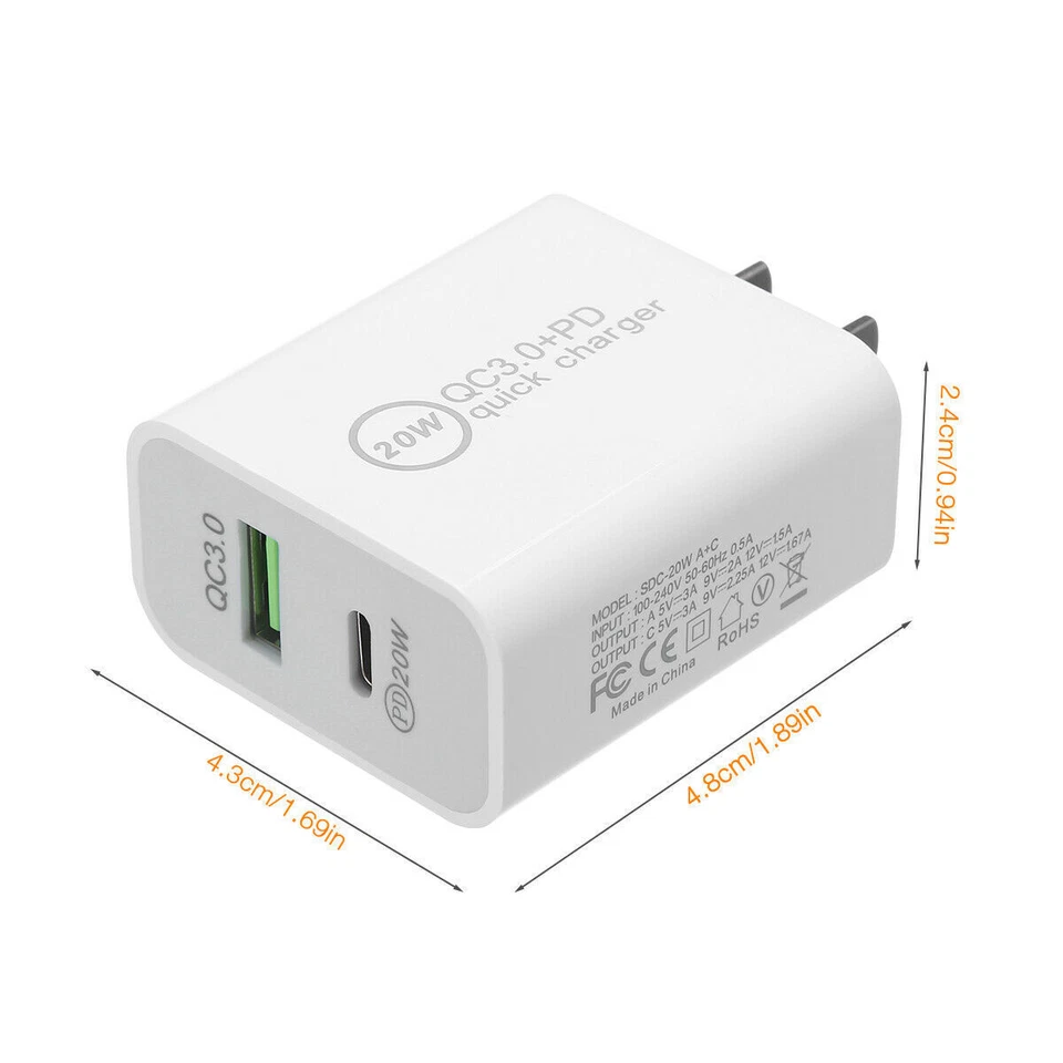 3Pack 20W PD Type C Dual USB Wall Charger Fast Quick Charge QC 3.0 Power Adapter - Image 4 of 4