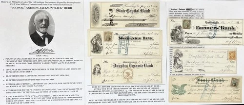 CIVIL WAR 1st PA VET POLITICIAN SENATOR DAUPHIN Co COLONEL HERR DOCUMENTS SIGNED