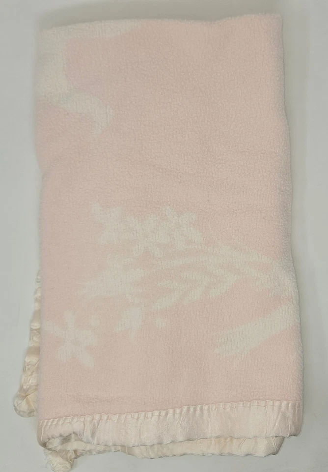 Vintage Reversible Pink Satin Edge Baby Blanket Floral Birds 42 x 28 Fleece - Image 4 of 4