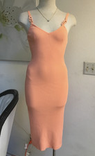 GUESS Ribbed Sleeveless Knee Midi Dress V-Neck Pencil Bodycom Casual Coral S