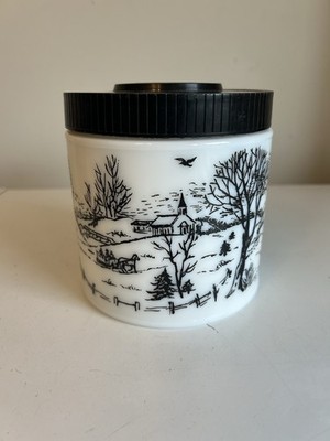 1960's Milk Glass Maxwell House Coffee Container Black & White Winter Scene 5''