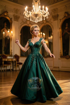Sexy Victorian Woman Emerald Silk Gown Crystal Chandelier 4X6 Fantasy Photo