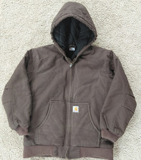 Carhartt Jacket Youth Large 14-16 Brown Canvas Chore Coat Quilt Lined Hood