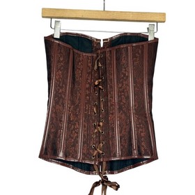 Brown Floral Brocade Steampunk Corset Top Faux Leather Trim Swing Clasp Small