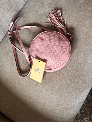 Small Pink Solid Round Crossbody Zip Closure Tassel Detachable Strap Lined