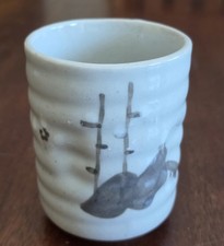 Japanese Yunomi Ceramic Teacup Hand Painted Nature Motif Light Grey