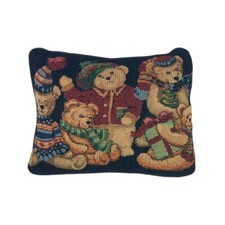 Teddy Bear Christmas Tapestry Pillow 16"x12" Tree Gift Hats Scarves Holidays