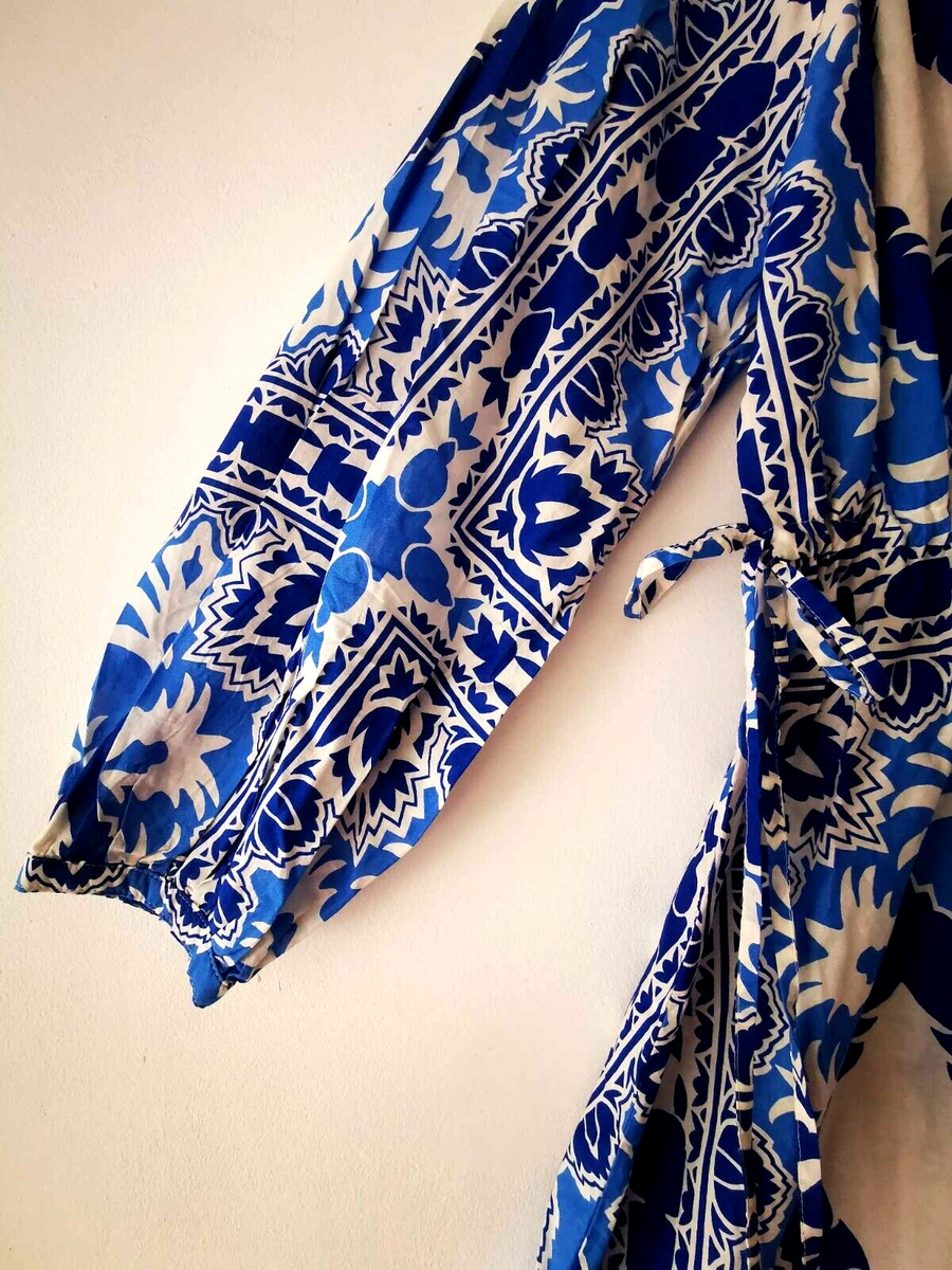 blue kaftan dress h&m Women's Bright blue/White floral Tie-belt kaftan dress