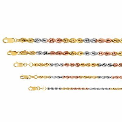14k Tri-Color Solid Gold Rope Chain 2.2mm-5mm D/cut Twist Link Necklace 16''-26''