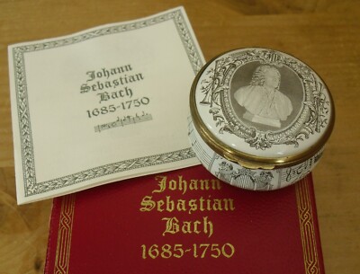 Boxed Ltd Ed Halcyon Days Johann Sebastian Bach Emaille Box - 2 3/8'' (6cms)