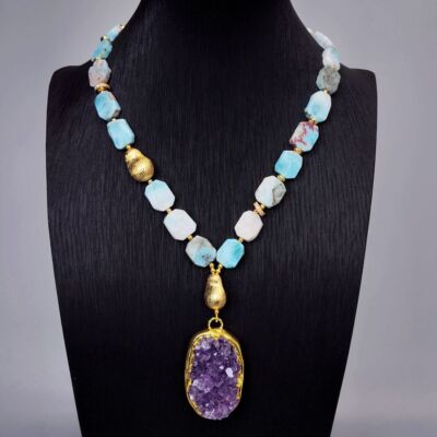 Natural Stones Larimar Amethyst Druzy Pendant Necklace Beaded Designer