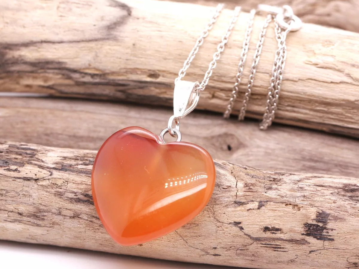 Sterling Silver Natural Orange Banded Agate 20mm Love Heart Pendant Necklace