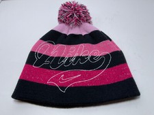 Womens NIKE beanie with pom pink striped hat cap 7-16 yrs