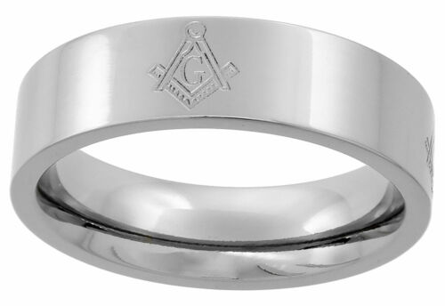 Titanium Ring Men Women Wedding Band Masonic Square & Compass Symbol Flat 6mm - Afbeelding 1 van 1